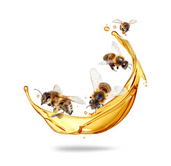 Bees flying around honey splash close up isolated on a white background