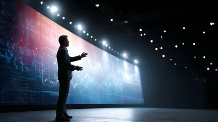 Businessman presenting financial charts on a large digital screen on stage with dramatic lighting