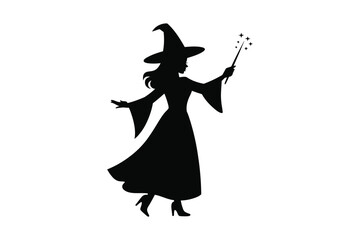 Silhouette of a witch in a pointed hat casting a spell with a wand