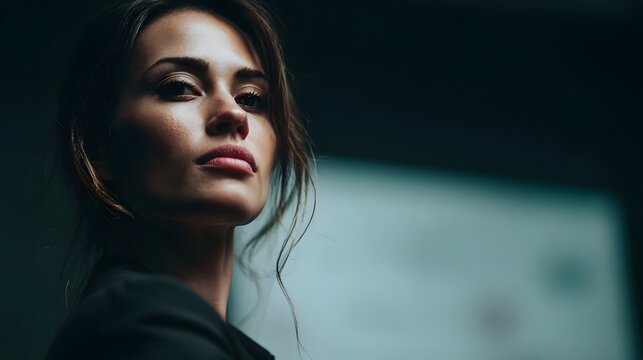 Confident businesswoman with a determined gaze in a dimly lit professional setting