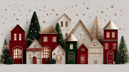 Christmas and New Year holiday background with small houses and snowflakes