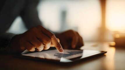 Hands analyzing financial data on a tablet screen in soft morning light