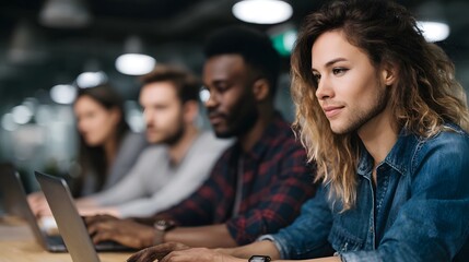 Obraz premium A diverse group of people focused on their laptops in a modern coworking space
