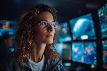 In a high-tech control room, a woman focuses intently on multiple screens displaying various data and maps. The atmosphere is charged with activity as she analyzes real-time information