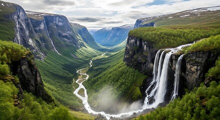 Norway Waterfall Landscape Scenic Beauty.