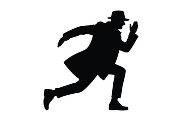 Silhouette of a detective in a trench coat and fedora running