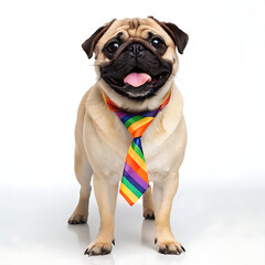 Obraz premium A pug standing with a rainbow tie against a white background in a studio setting looking at the camera