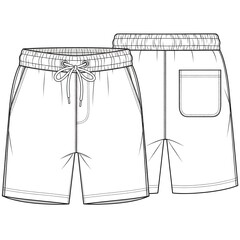 Mens Casual Drawstring Shorts Technical Sketch.