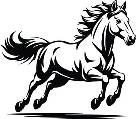 Obraz premium Horse running silhouette illustration, elegant black and white equine clipart artwork