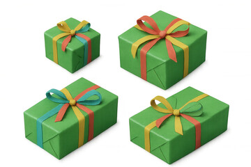 Obraz premium Green gift boxes wrapped with colorful ribbons, celebrating holidays, birthdays, or special occasions, transparent background