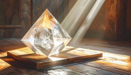 A large, faceted crystal sits upon a wooden platform, illuminated by a beam of light shining through a wooden structure