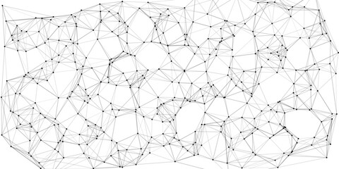 Intricate abstract geometric network of black dots connected by thin gray lines forming a complex web pattern on a white background, representing data connections and digital systems