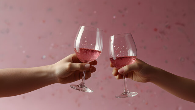 Two hands clinking wine glasses filled with pink glitter liquid against a pink background.
