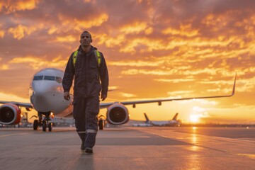 A worker walks on the runway at an airport during sunset. The sky is filled with vibrant colors, and planes are visible in the background. The atmosphere is calm and beautiful