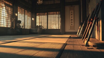 Golden Light on Tatami Mats in Empty Traditional Japanese Dojo with Katanas.
