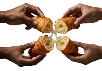 Diverse elegant hands gently pulling apart a warm, flaky artisanal croissant, golden crumbs scattering, isolated on transparent with soft shadow. Culinary indulgence moment