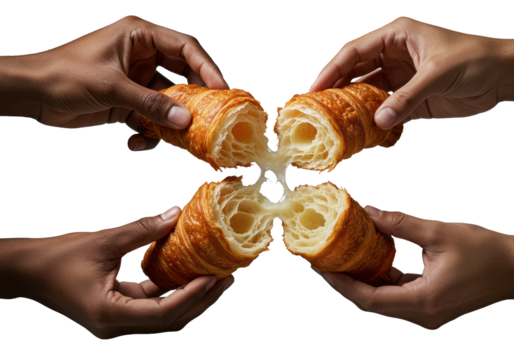 Diverse elegant hands gently pulling apart a warm, flaky artisanal croissant, golden crumbs scattering, isolated on transparent with soft shadow. Culinary indulgence moment - Powered by Adobe