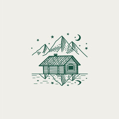 Mountain house by the lake. A forest cabin on the background of mountains. Starry sky reflected in the water of the river. Vector line illustration