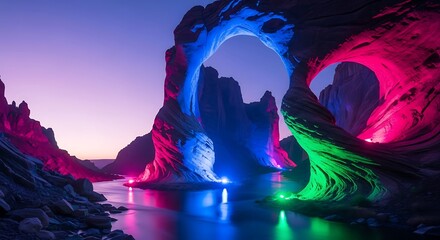 Majestic Rock Arches Illuminated by Vibrant Red, Green, and Blue Lights at Dusk
