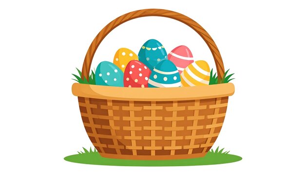 Colorful Easter eggs in a wicker basket on grass
