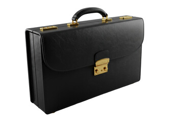 Deep black full-grain leather briefcase with burnished gold hardware, unlatched and ajar, on transparent. Extreme macro studio shot, raking light, high-end luxury concept