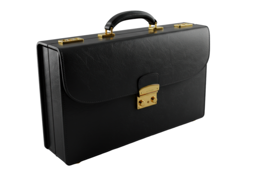 Deep black full-grain leather briefcase with burnished gold hardware, unlatched and ajar, on transparent. Extreme macro studio shot, raking light, high-end luxury concept