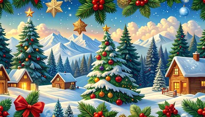 Snowy Christmas village scene with decorated trees and houses