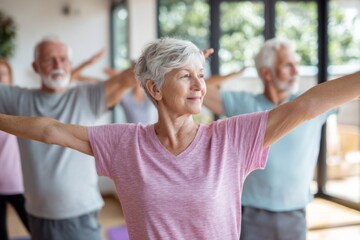Several older adults are engaged in a yoga class at a community center. They practice stretching and balance with joyful expressions in a well-lit space