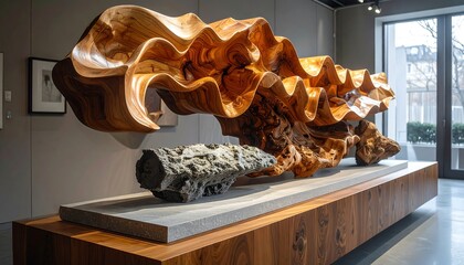 A large, flowing wooden sculpture displayed in a gallery. The art piece resembles undulating waves above a stone and wood base