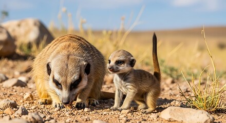 Meerkat Mother and Pup in the Desert.
