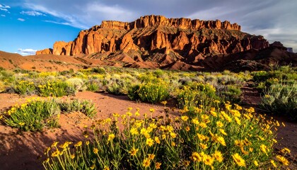 Obraz premium Desert landscape with vibrant wildflowers and a dramatic red rock formation