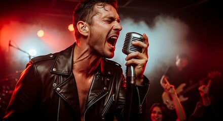 A male rock singer passionately performs on stage with a vintage microphone, bathed in red stage lights, with a blurred audience and band in the background, capturing the energy of a live concert