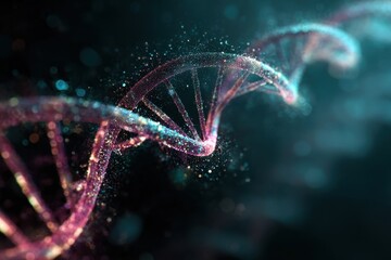 Luminescent DNA Helix Unraveling in Cosmic Nebula, Microscopic Particles Swirling.