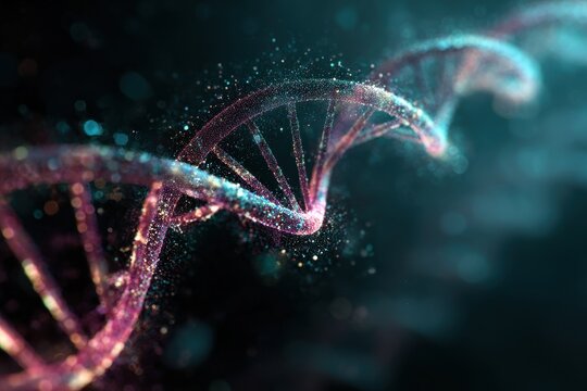 Luminescent DNA Helix Unraveling in Cosmic Nebula, Microscopic Particles Swirling.