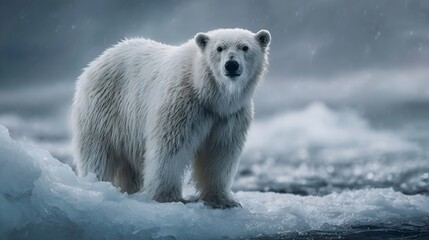 A majestic polar bear stands on a melting ice floe in a cold dramatic Arctic environment