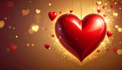 A large, glossy red heart hangs center, surrounded by smaller hearts and golden sparkles, on a warm, blurred background