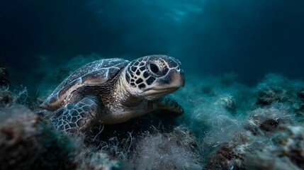 Fototapeta premium A green sea turtle glides gracefully through the dark blue ocean depths resting peacefully on a textured seabed adorned with natural marine growth