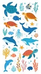 Obraz premium Colorful underwater creatures on a white background. Sea animals