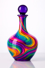 Colorful glass decanter with swirling rainbow pattern isolated on white background