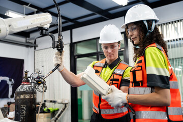 Technicians in protective equipment inspecting robotic arm, showcasing teamwork, safety, and innovation in industrial manufacturing. Engineers in factory discussing machine system operation