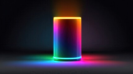 Abstract cylinder of glowing neon light with vibrant color spectrum radiating light and reflections on a dark surface