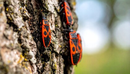 Close-up of red bugs on tree bark