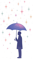 A silhouette of a person holding a purple umbrella under a night sky filled with colorful pastel stars, creating a dreamy and whimsical atmosphere.