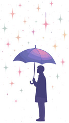 A silhouette of a person holding a purple umbrella under a night sky filled with colorful pastel stars, creating a dreamy and whimsical atmosphere.