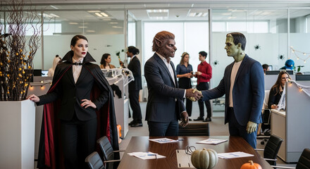 Office scene with vampire, werewolf and monster in business attire; festive, celebrating Halloween; monster shaking furry hand; pumpkin on a table
