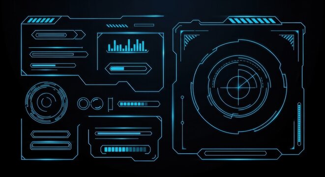 Futuristic Digital Interface Display with Blue Holographic Graphics and HUD Elements