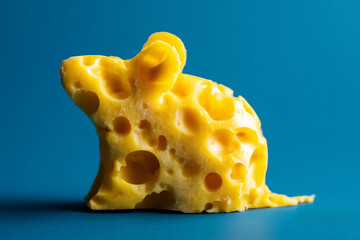 Cheese shaped like a mouse on blue background