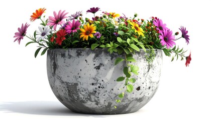 A large, grey, stone-like bowl overflows with a vibrant arrangement of colorful daisies and lush greenery, creating a cheerful display