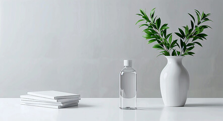 Minimalist Arrangement with White Books, Clear Bottle, and Ceramic Vase with Green Leaves on White Surface
