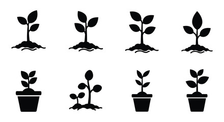 Collection of Black Plant Sprout Icons Representing Growth Development and New Beginnings